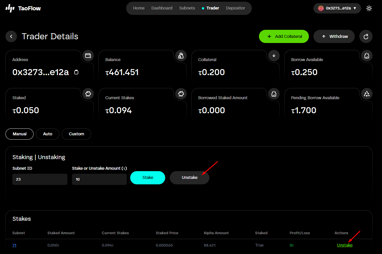 Unstake on Trader Detail page